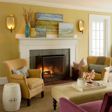Yellow Transitional Living Room With Blue Vase