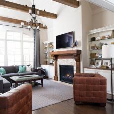 Neutral Transitional Living Room With Exposed Beams