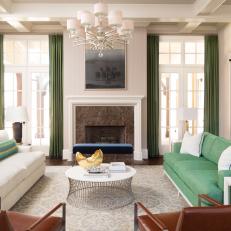 Contemporary Living Room With Green Curtains