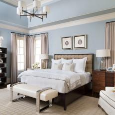 Blue Transitional Main Bedroom With Brown Curtains