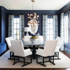 Blue Contemporary Dining Room With Chandelier