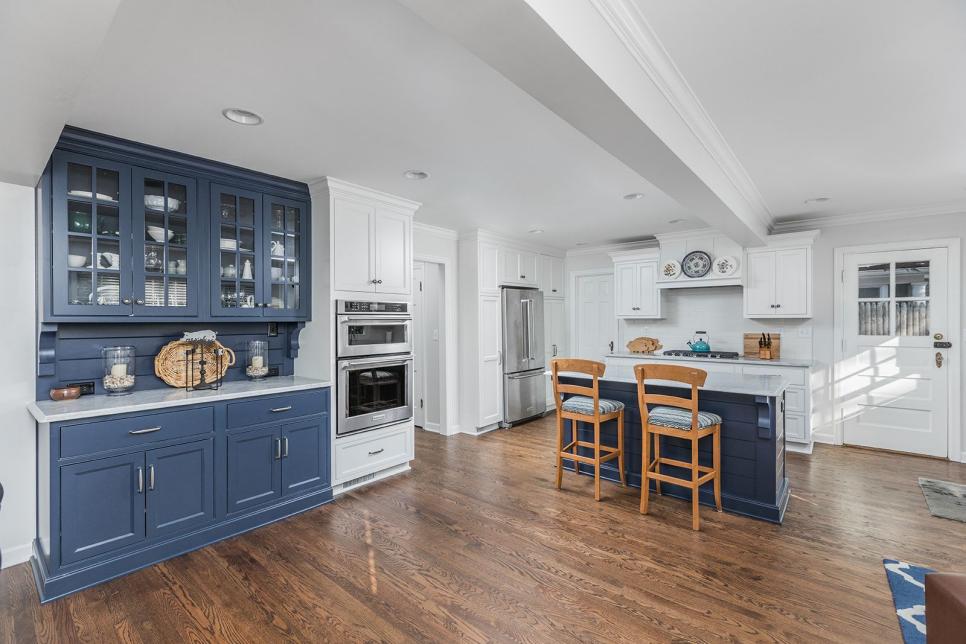 Spacious Cape Cod Kitchen With Blue And, Cape Cod Hardwood Floors