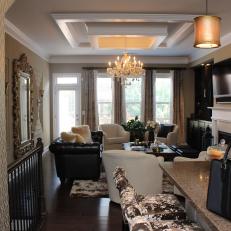 Neutral Contemporary Living Room With Chandelier Box