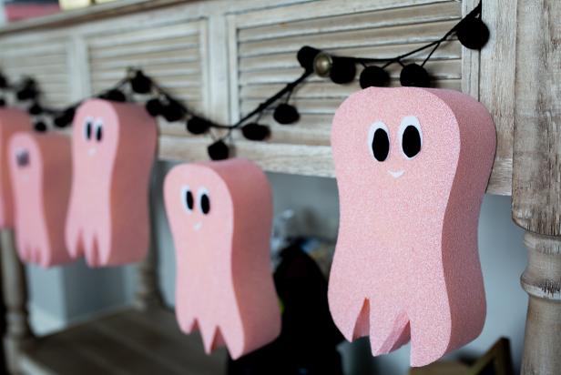 Painted Pink Auto Sponges Cut Like Ghosts and Strung Together