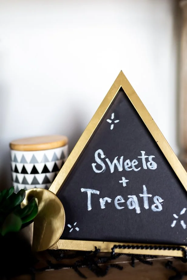 Wooden DIY Chalkboard Menu on Table Says Sweets and Treats