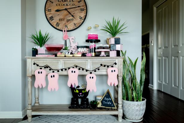 Pink Halloween Tablescape With Sponge Ghosts, Cat Punch Bowl, Cakes