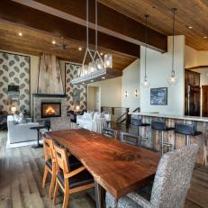 Rustic Great Room With Live Edge Dining Table