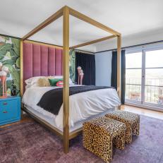 Eclectic Multicolored Bedroom With Cheetah Stools