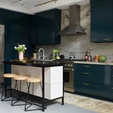 Contemporary Open Plan Kitchen With Dark Blue Cabinets