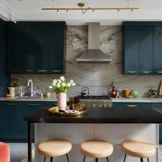Blue Contemporary Kitchen With Quartzite Backsplash