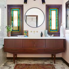 Pink Craftsman Bathroom With Stained Glass Windows
