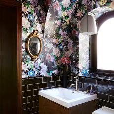 Black Bathroom With Floral Wallpaper