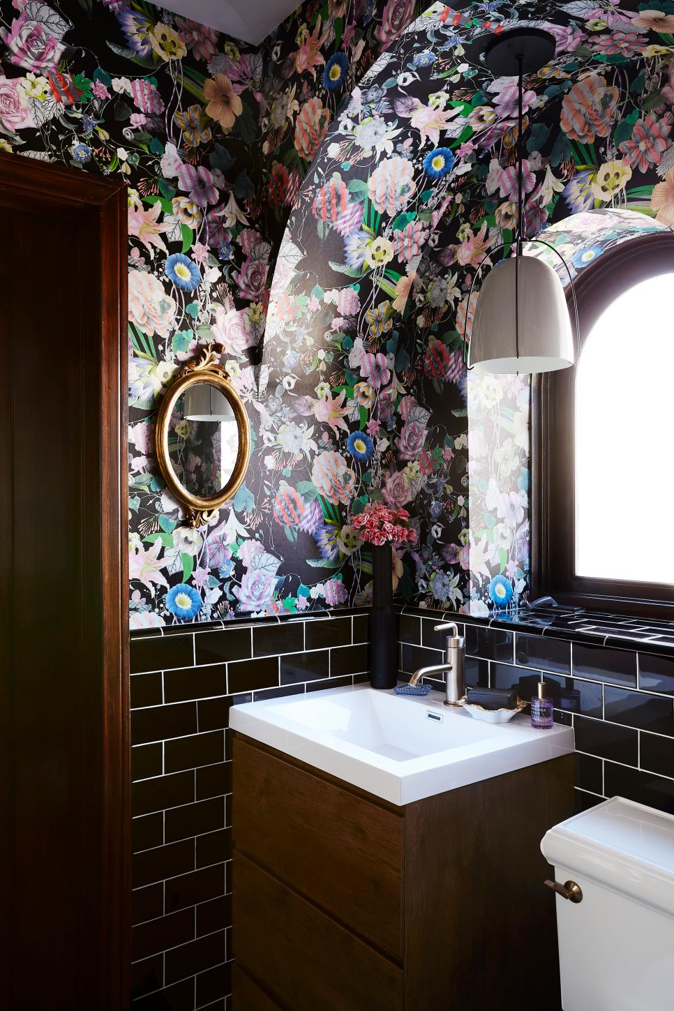 Black Bathroom With Floral Wallpaper | HGTV