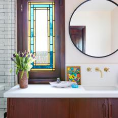 Craftsman Bathroom With Purple Tulips