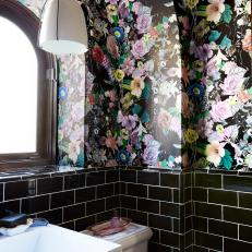 Black Bathroom With Floral Wallpaper