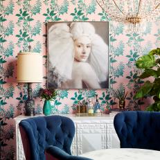 Eclectic Dining Area With Pink Wallpaper