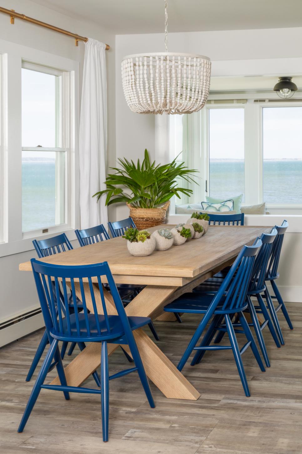 Coastal Dining Room With Blue Chairs | HGTV
