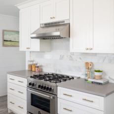 White Transitional Kitchen With Gray Countertop