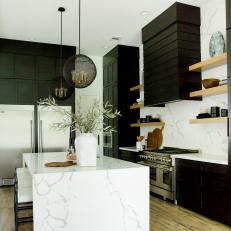 Black and White Kitchen With Waterfall Countertop