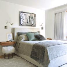 Neutral Midcentury Modern Bedroom With Furry Stool