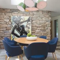 Midcentury Dining Room With Green Pendants