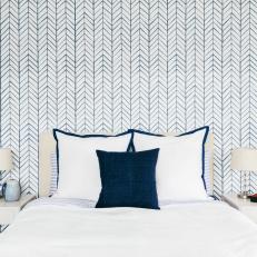 Transitional Guest Bedroom With Blue Wallpaper