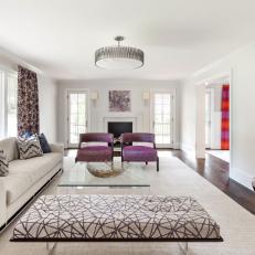 White Contemporary Living Room With Purple Chairs