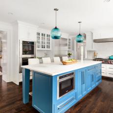 Contemporary Open Plan Kitchen With Blue Island