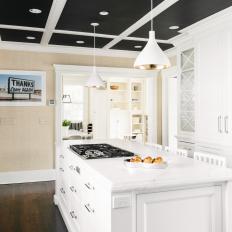 White Transitional Chef Kitchen With Black Ceiling
