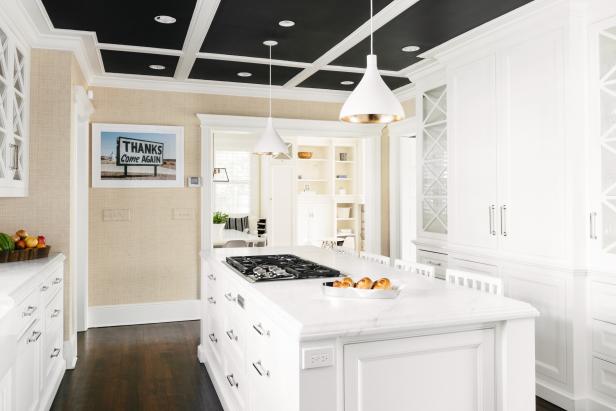 White Transitional Chef Kitchen With Black Ceiling | HGTV