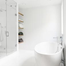 White Main Bathroom With Towel Shelves