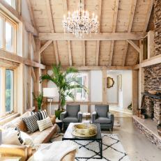 Rustic Contemporary Living Room With Crystal Chandelier