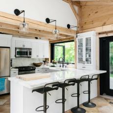 Transitional Open Plan Kitchen With Exposed Beams