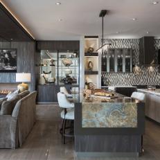 Gray Modern Family Room and Kitchen
