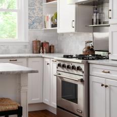 White Cottage Kitchen With Toile Wallpaper