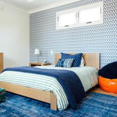 Blue Contemporary Kid's Room With Orange Beanbag