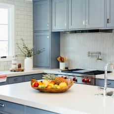 Blue Transitional Chef Kitchen With Fruit Bowl