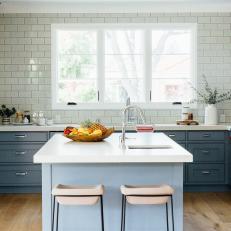 Blue and White Transitional Kitchen With Fruit