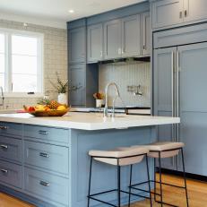 Blue Transitional Kitchen With Twin Stools