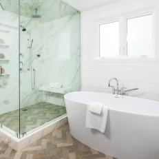 White Spa Bathroom With Brown Floor