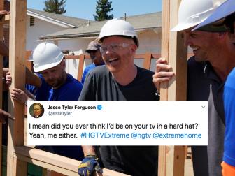 Host Jesse Tyler Ferguson and Builder Greg Balfanz of John Balfanz Homes help place a framed exterior wall section as construction begins in Bakersfield, California