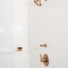 White Tile Walk In Shower With Brass Fixtures