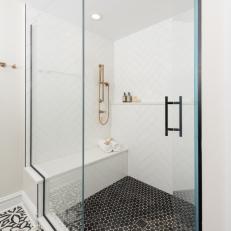 White Shower With Black Tile Floor