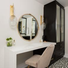 Black and White Dressing Table With Brass Mirror