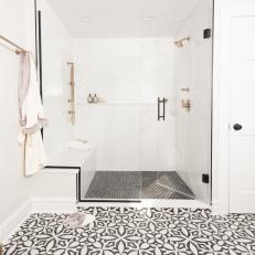 Black and White Shower and Cement Tile Floor