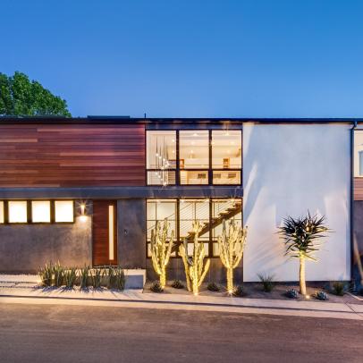 Contemporary Corner Lot Home Features Wood and Concrete Features