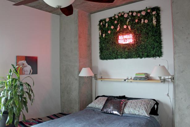 With your neon sign and its cording secured to the wall, connect and then mount the final boxwood panels. If you notice any panels are slightly puckering or coming off the wall, add more nails or hooks to fully secure.Finally, turn on your neon sign and enjoy your new wall hanging.
