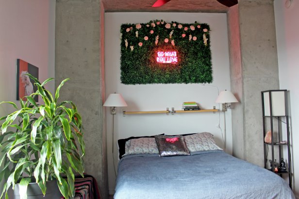 With your neon sign and its cording secured to the wall, connect and then mount the final boxwood panels. If you notice any panels are slightly puckering or coming off the wall, add more nails or hooks to fully secure.Finally, turn on your neon sign and enjoy your new wall hanging.