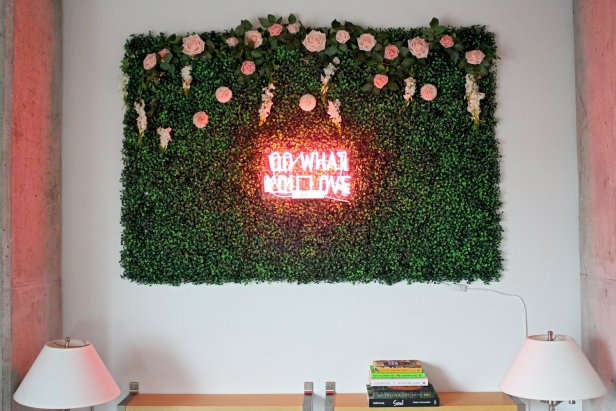 Boxwood Panel with Pink Flowers, Neon Sign Reading "Do What You Love" 