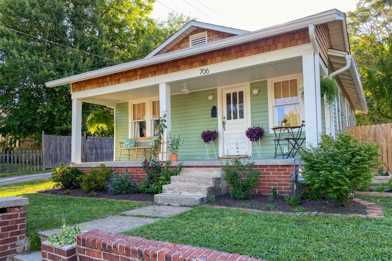 Renovated 1910 Tennessee Bungalow Exterior in Green and Cedar Shake